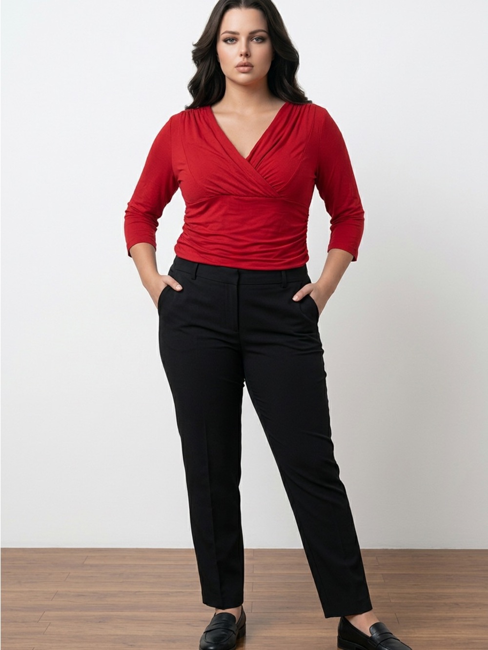 INC International Concepts Red V-Neck Wrap Top with 3/4 Sleeves